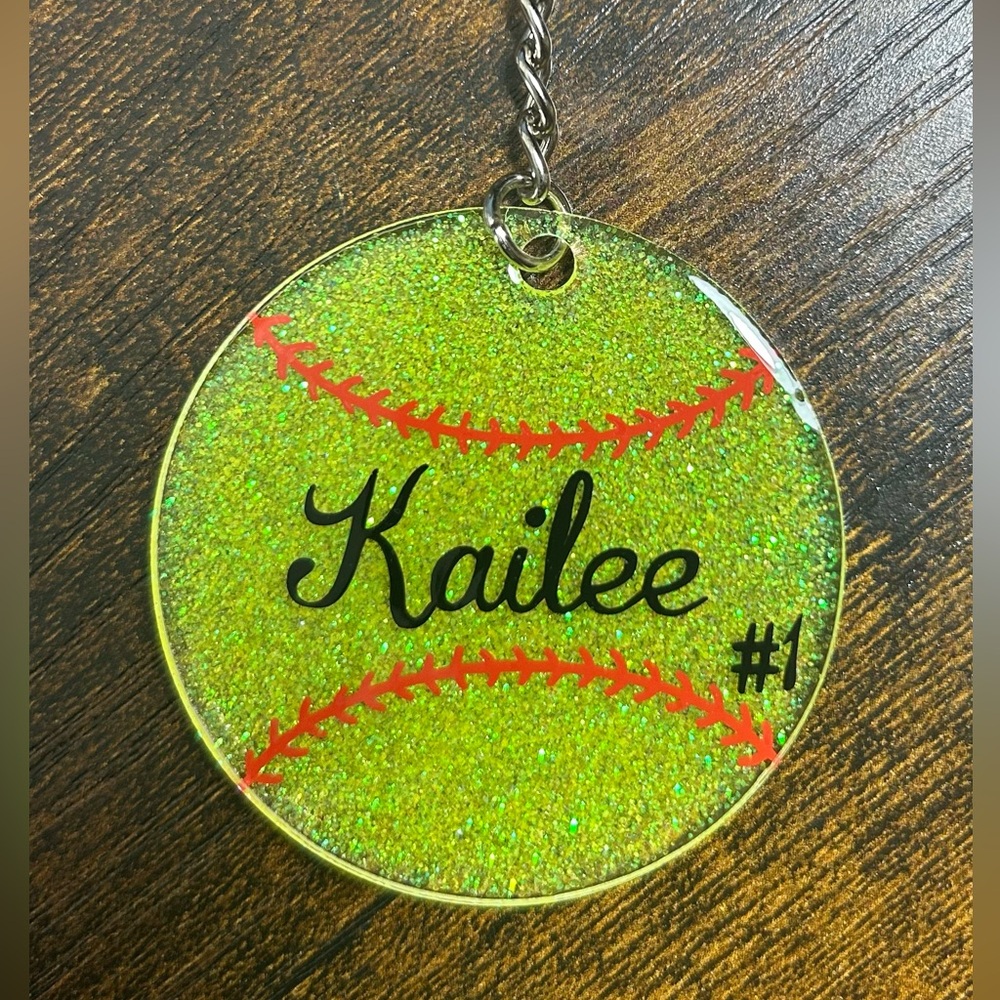 Glittery Personalized Softball Keychain